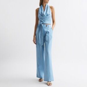 NWT Reiss Hollie Halter Neck Linen Blend Crop Top, Blue, US Size 2, Retails $225